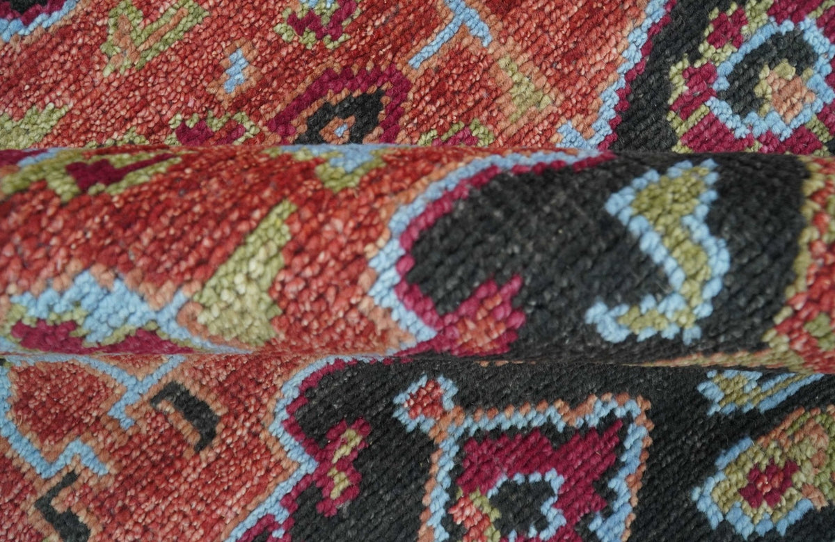 Custom Made Rust And Black Traditional Medallions Design Hand Knotted Wool Rug.