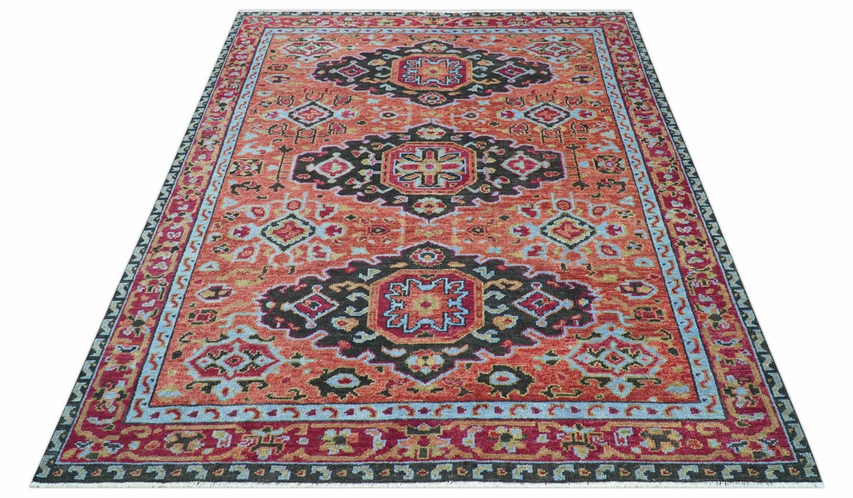 Custom Made Rust And Black Traditional Medallions Design Hand Knotted Wool Rug.
