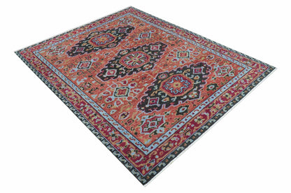 Custom Made Rust And Black Traditional Medallions Design Hand Knotted Wool Rug.