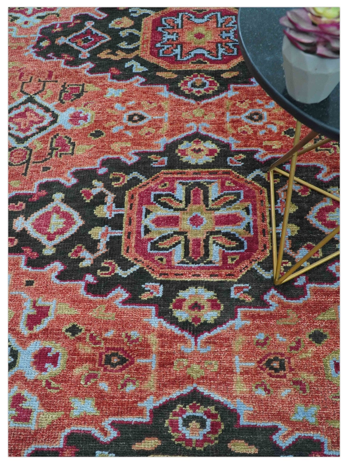 Custom Made Rust And Black Traditional Medallions Design Hand Knotted Wool Rug.