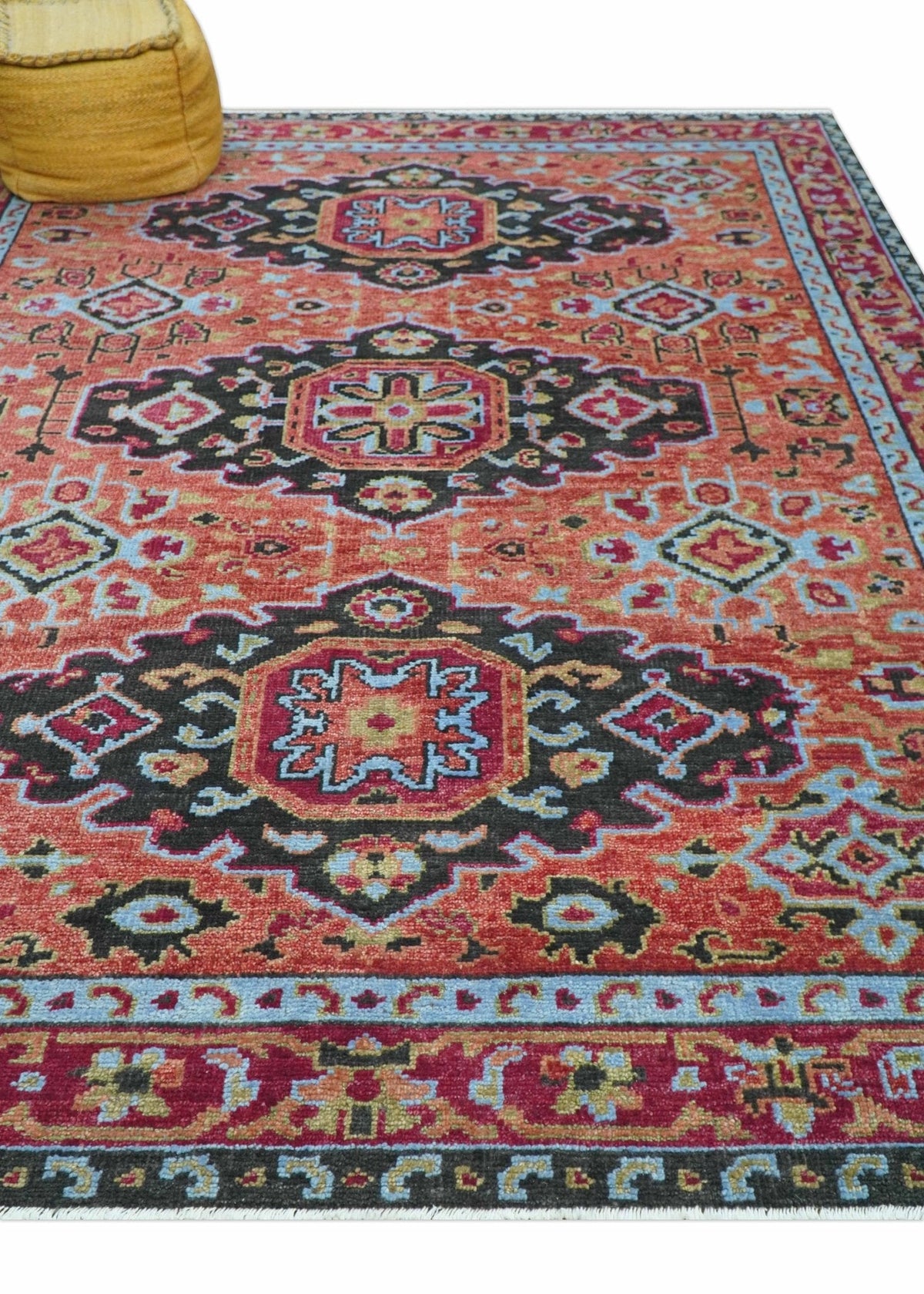 Custom Made Rust And Black Traditional Medallions Design Hand Knotted Wool Rug.