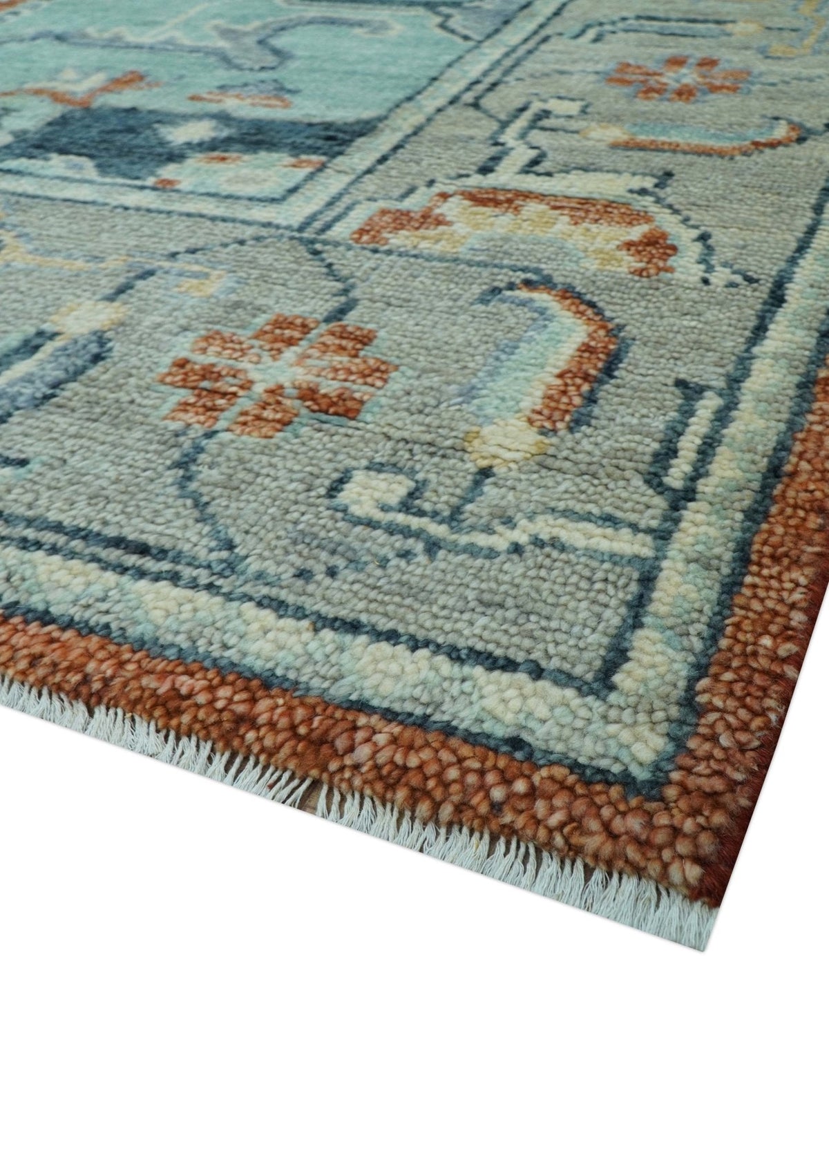 Custom Made Rust And Blue Traditional Serapi Design Hand Knotted Wool Rug.