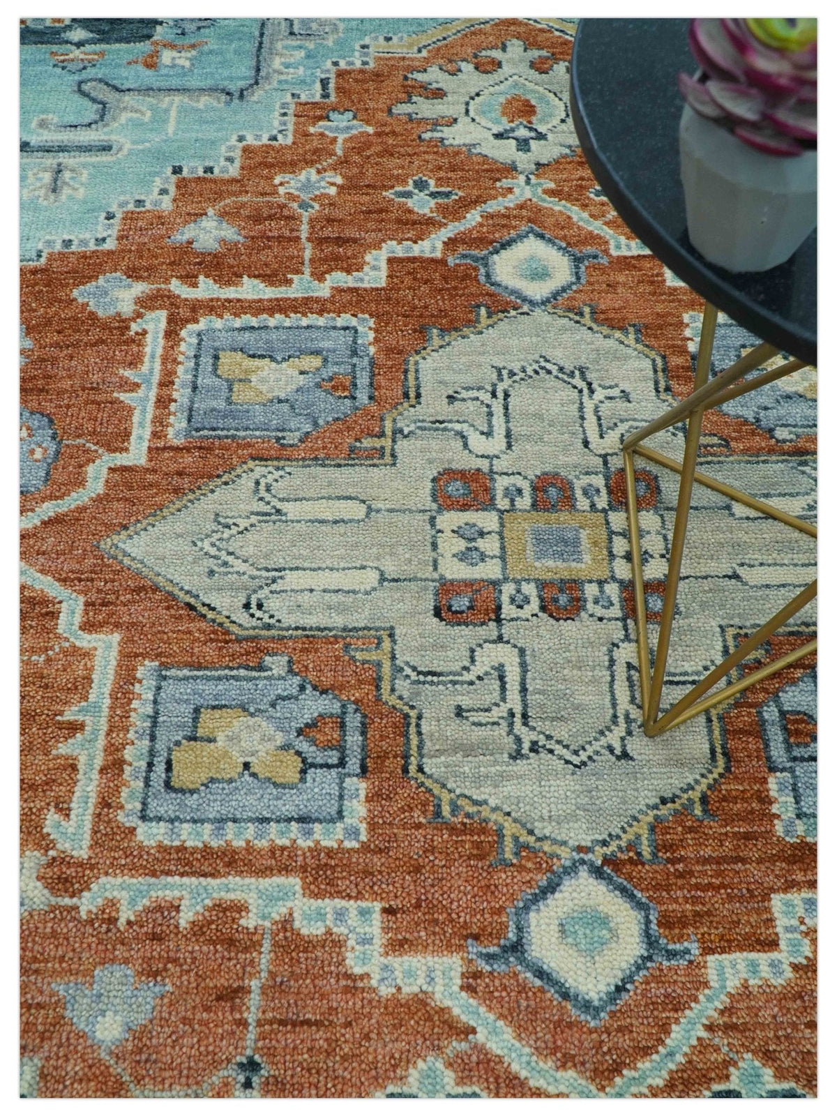 Custom Made Rust And Blue Traditional Serapi Design Hand Knotted Wool Rug.