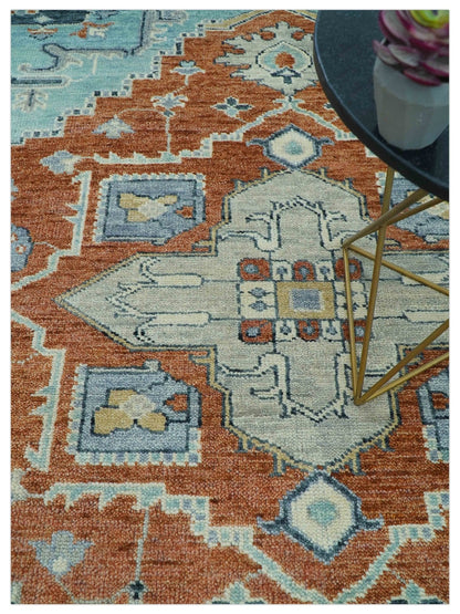 Custom Made Rust And Blue Traditional Serapi Design Hand Knotted Wool Rug.