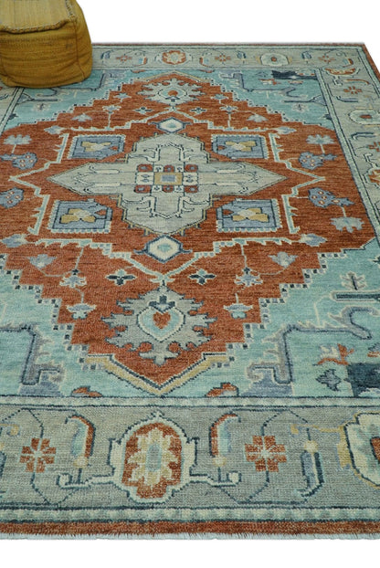 Custom Made Rust And Blue Traditional Serapi Design Hand Knotted Wool Rug.