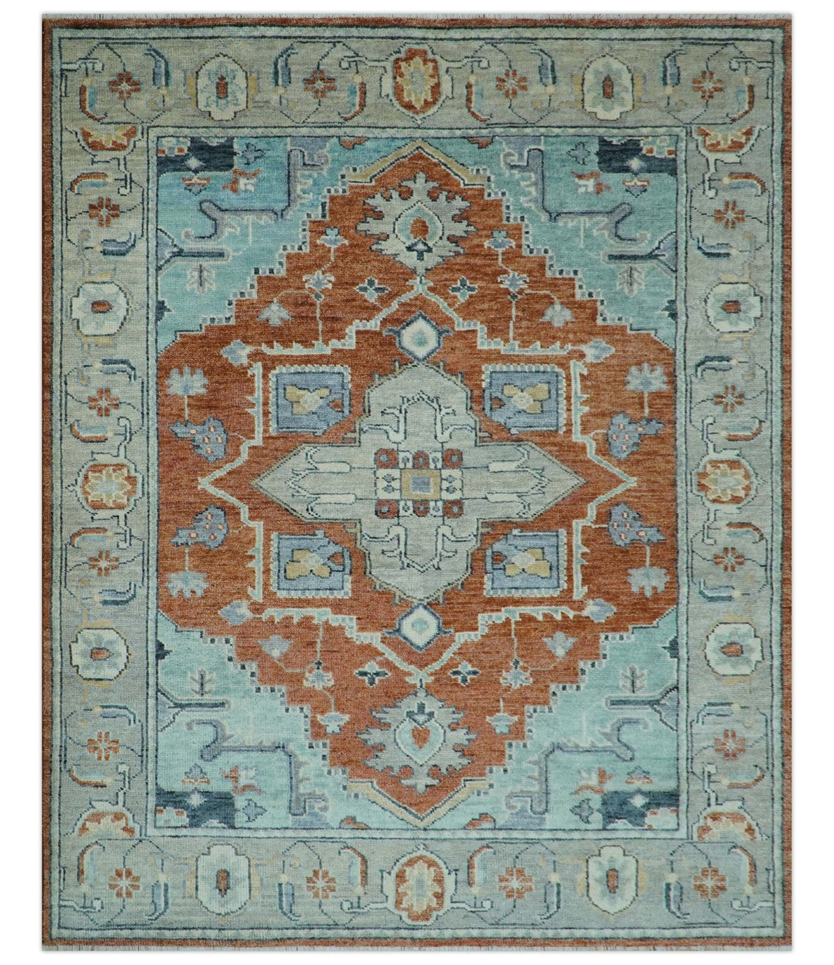 Custom Made Rust And Blue Traditional Serapi Design Hand Knotted Wool Rug.