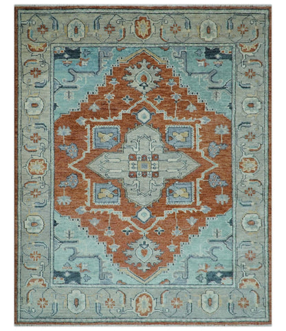 Custom Made Rust And Blue Traditional Serapi Design Hand Knotted Wool Rug.