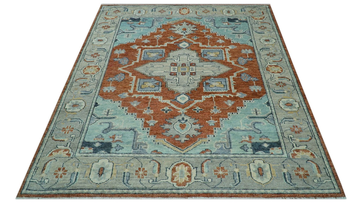 Custom Made Rust And Blue Traditional Serapi Design Hand Knotted Wool Rug.