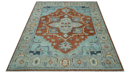 Custom Made Rust And Blue Traditional Serapi Design Hand Knotted Wool Rug.