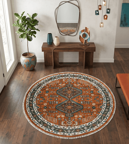 Custom Made Rust And Brown Round Oriental Hand Knotted Wool Rug.