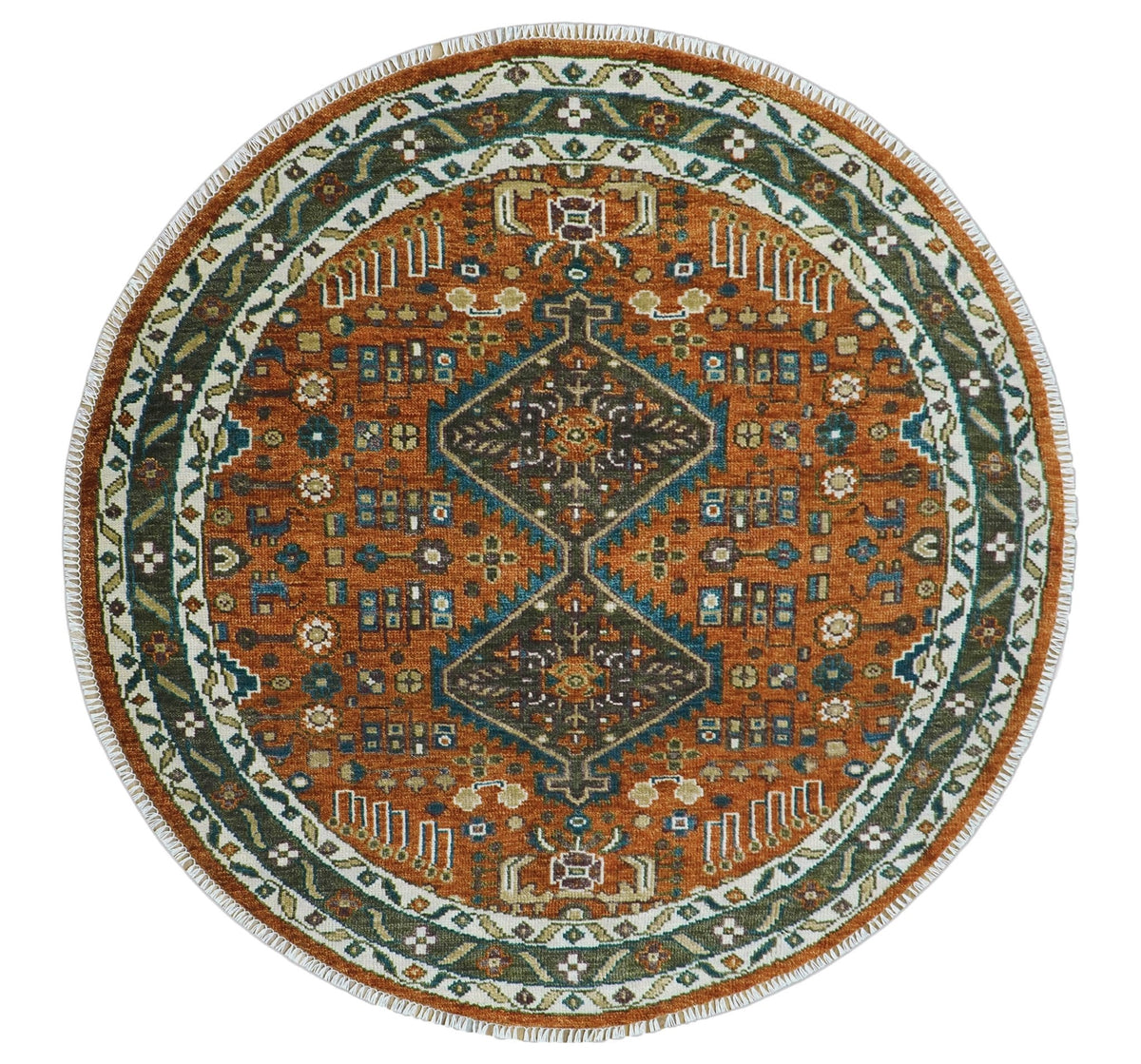 Custom Made Rust And Brown Round Oriental Hand Knotted Wool Rug.