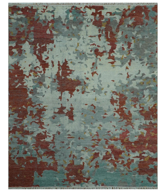 Custom Made Rust And Gray Modern Abstract Design Hand knotted Wool Area Rug.