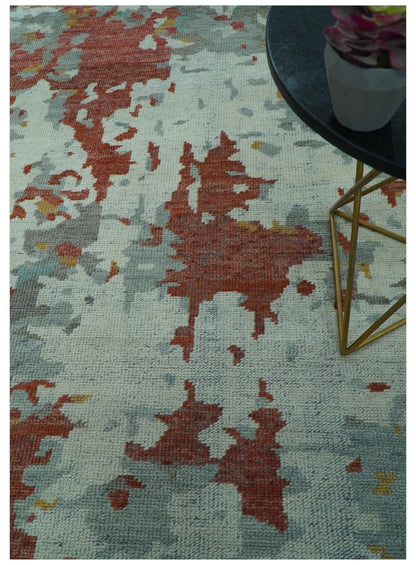 Custom Made Rust And Gray Modern Abstract Design Hand knotted Wool Area Rug.