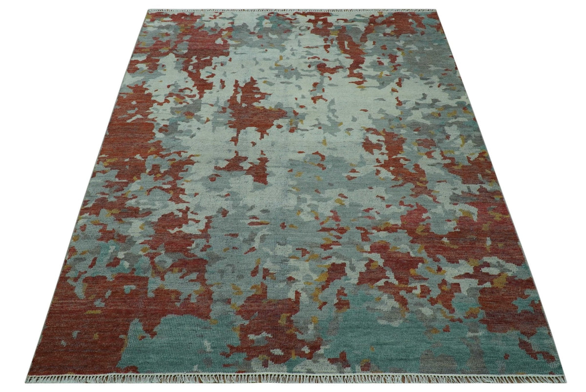 Custom Made Rust And Gray Modern Abstract Design Hand knotted Wool Area Rug.