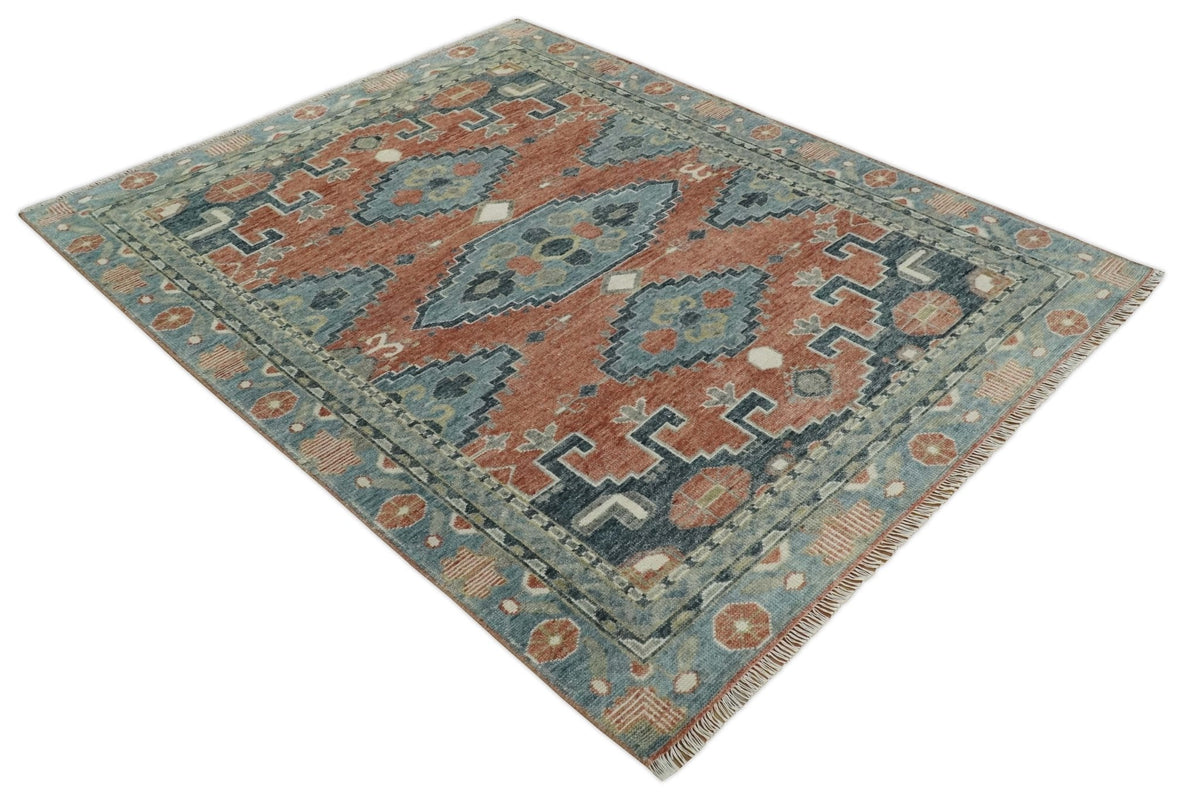Custom Made Rust and Gray Traditional Hand knotted Multi Size wool Area Rug.