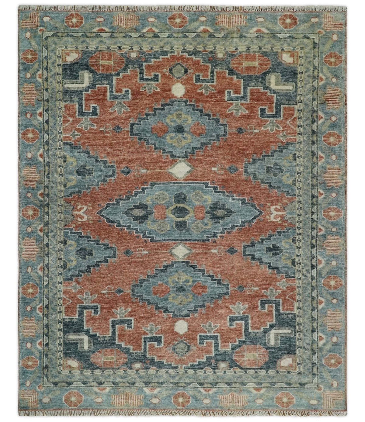 Custom Made Rust and Gray Traditional Hand knotted Multi Size wool Area Rug.