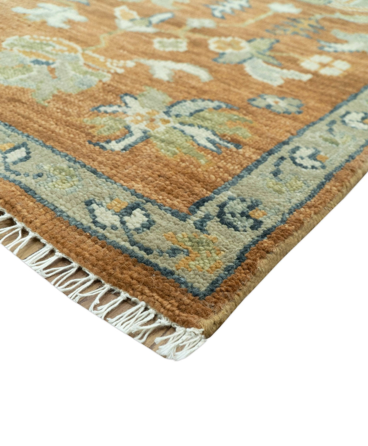 Custom Made Rust, Beige And Blue Traditional Hand Knotted wool rug.