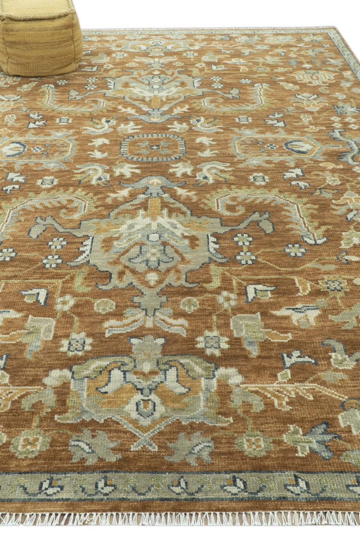 Custom Made Rust, Beige And Blue Traditional Hand Knotted wool rug.