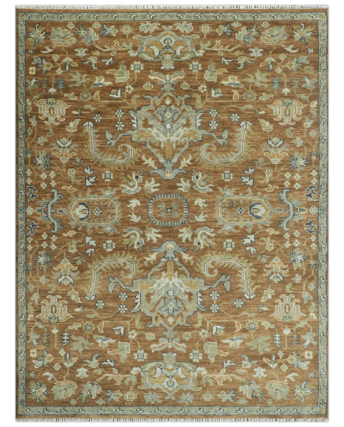 Custom Made Rust, Beige And Blue Traditional Hand Knotted wool rug.