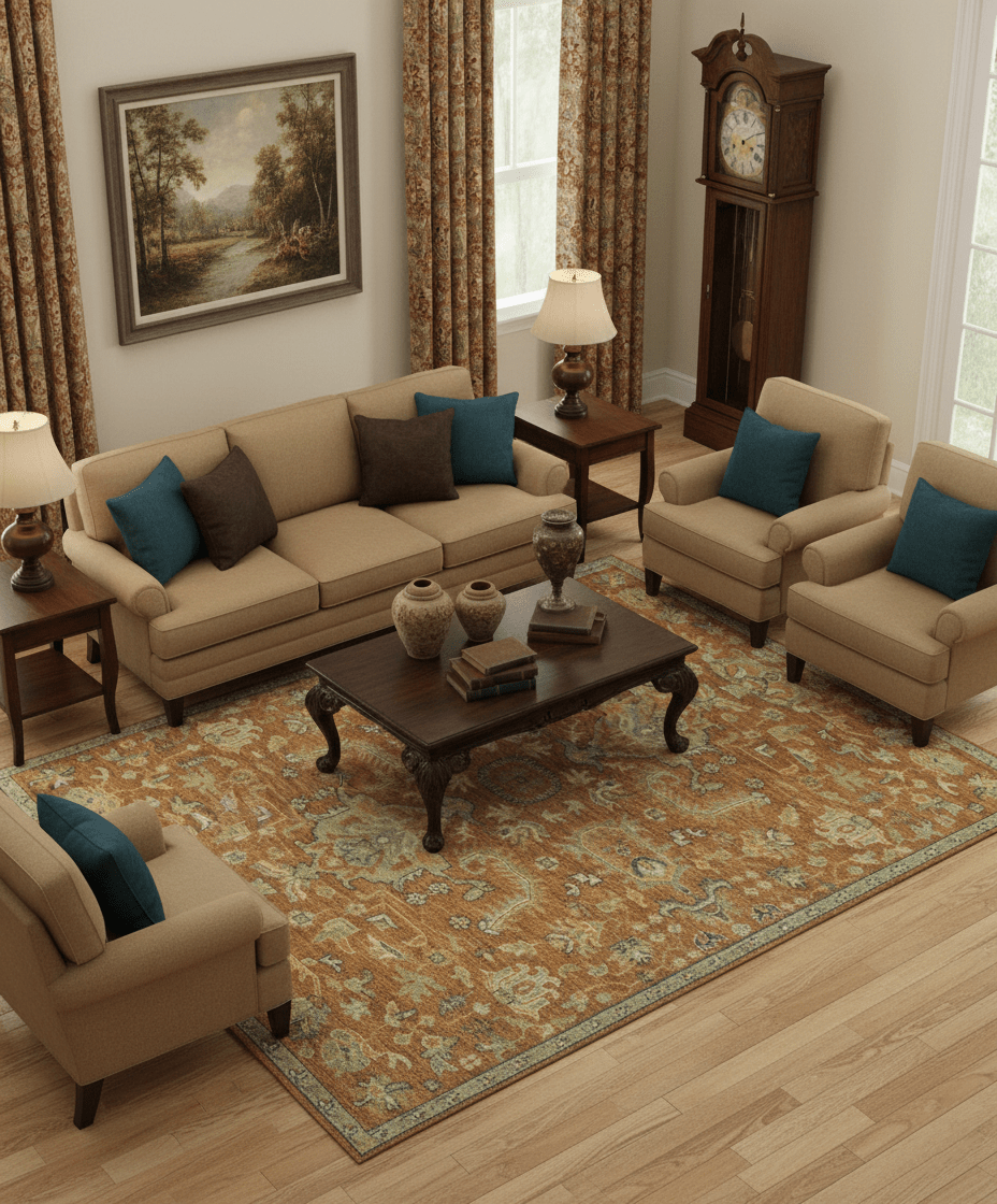 Custom Made Rust, Beige And Blue Traditional Hand Knotted wool rug.