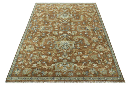 Custom Made Rust, Beige And Blue Traditional Hand Knotted wool rug.