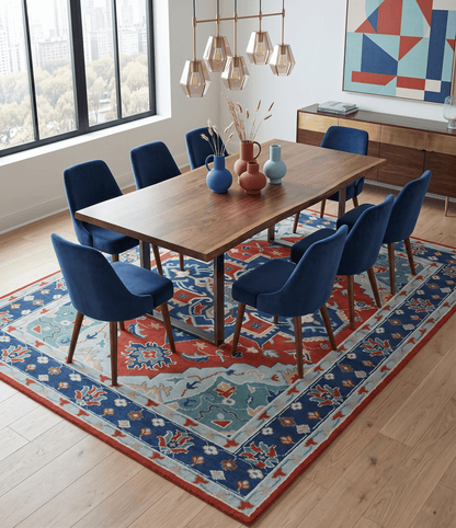 Custom Made Rust, Blue and Silver hand knotted Traditional Heriz wool area rug.