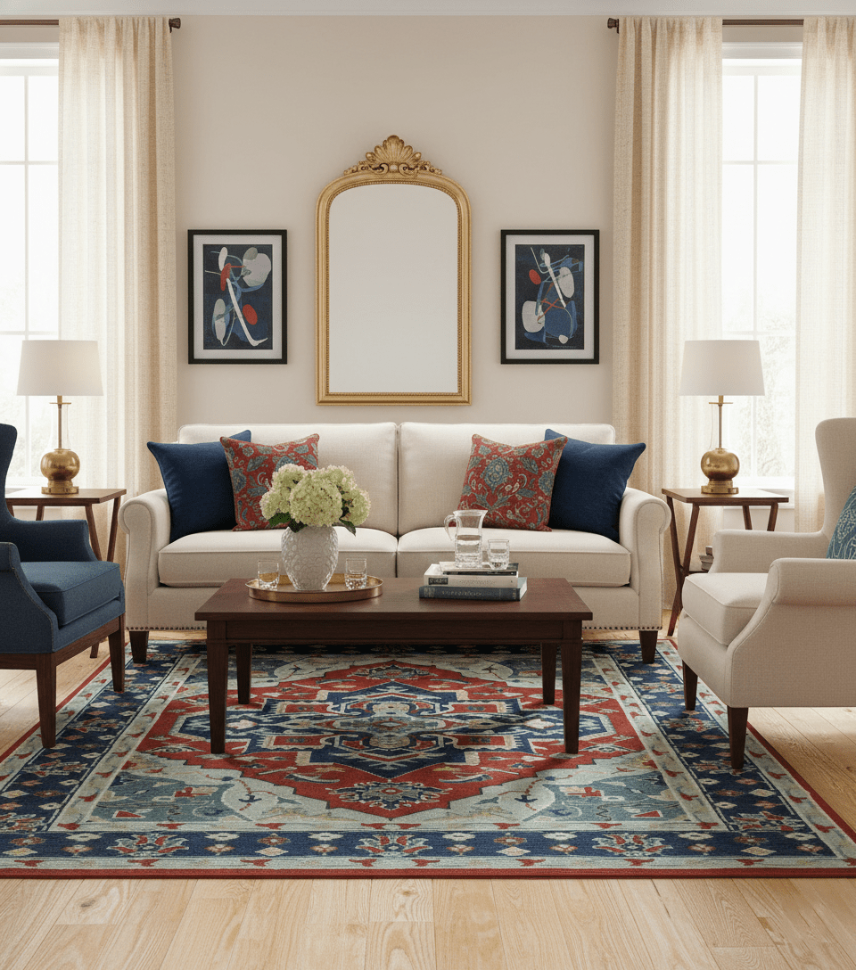 Custom Made Rust, Blue and Silver hand knotted Traditional Heriz wool area rug.
