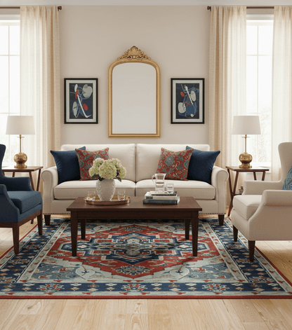 Custom Made Rust, Blue and Silver hand knotted Traditional Heriz wool area rug.
