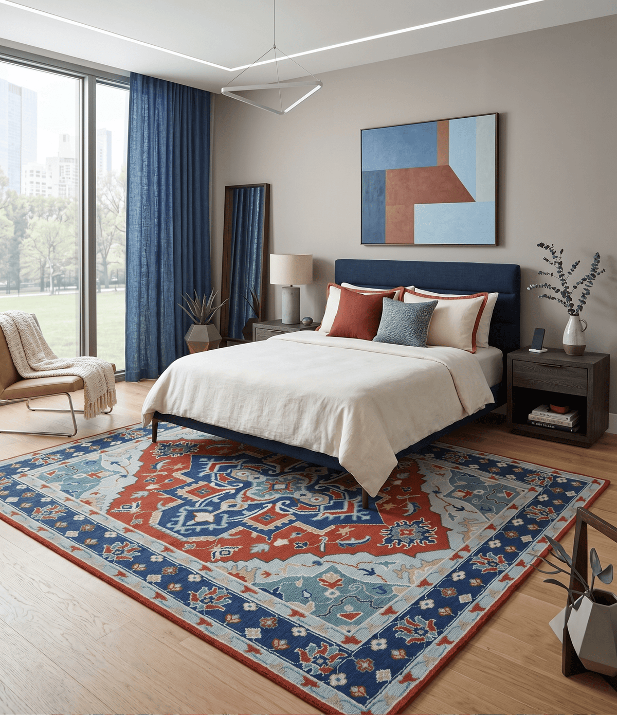 Custom Made Rust, Blue and Silver hand knotted Traditional Heriz wool area rug.
