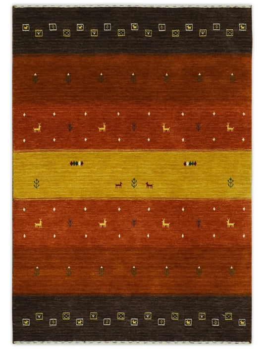Custom Made Rust, Brown, Gold and Charcoal Geometrical Stripes Design wool area rug.
