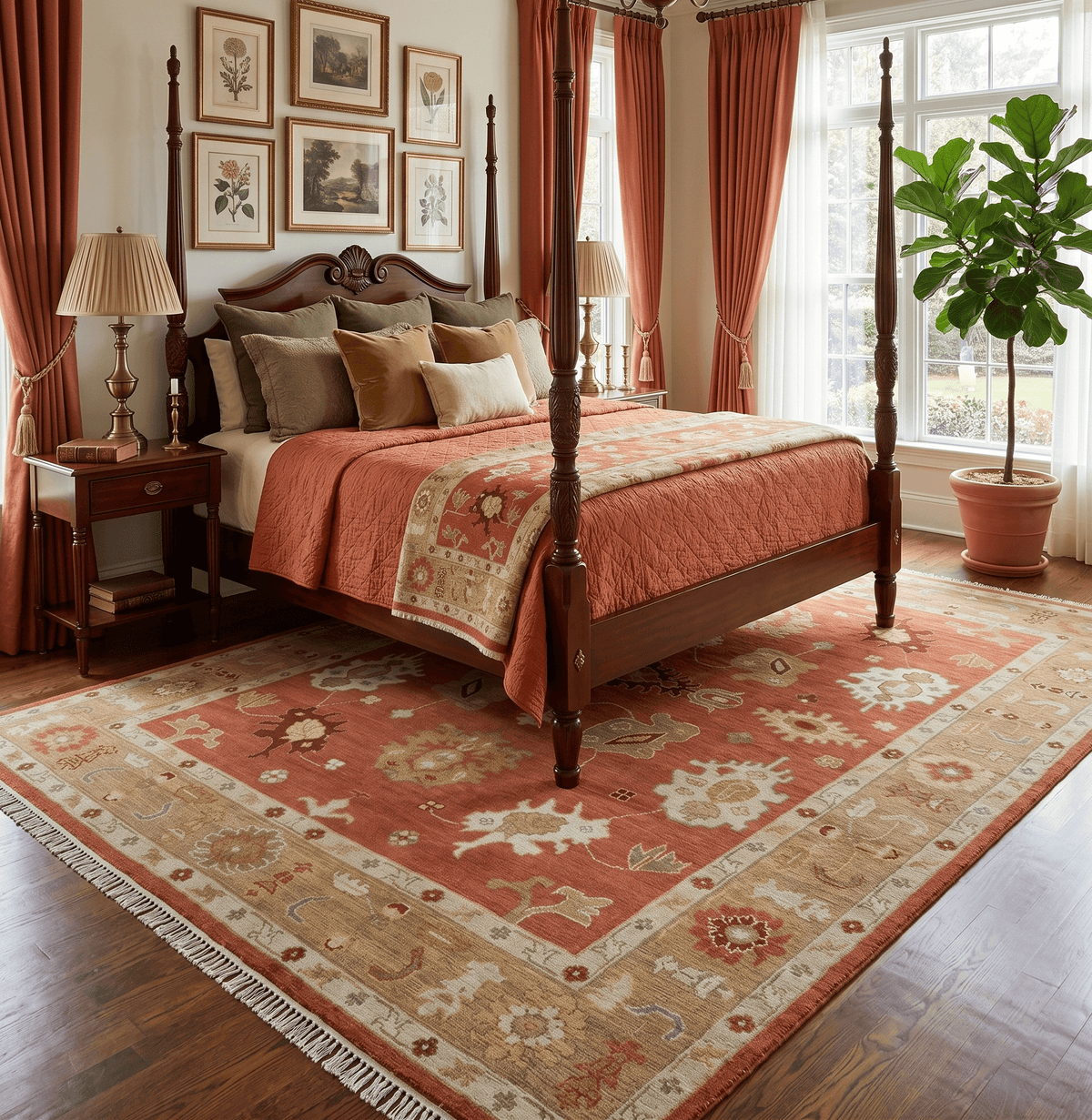 Custom Made Rust, Ivory and Beige Hand Knotted Traditional Oushak Multi Size Wool Area Rug.