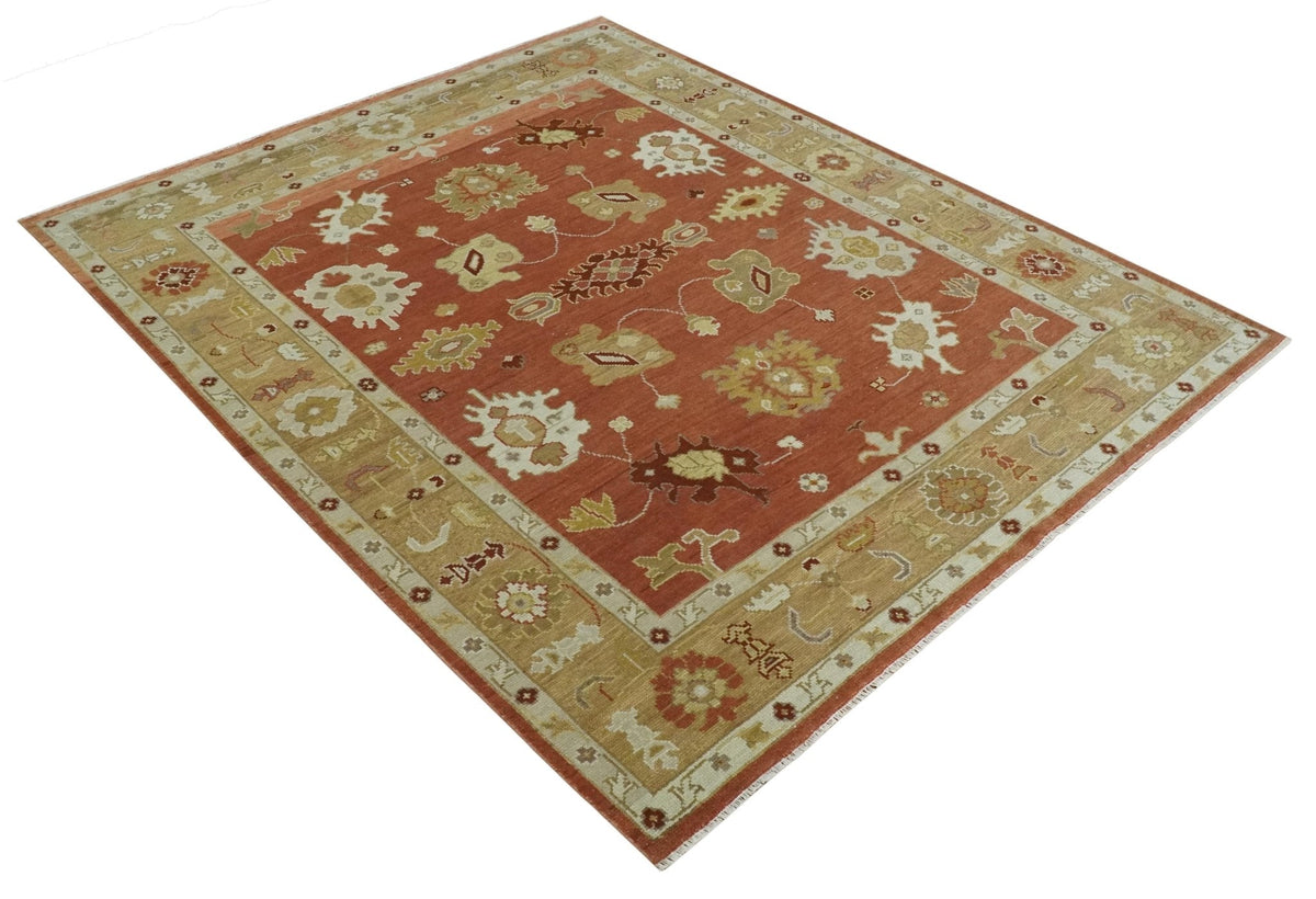 Custom Made Rust, Ivory and Beige Hand Knotted Traditional Oushak Multi Size Wool Area Rug.