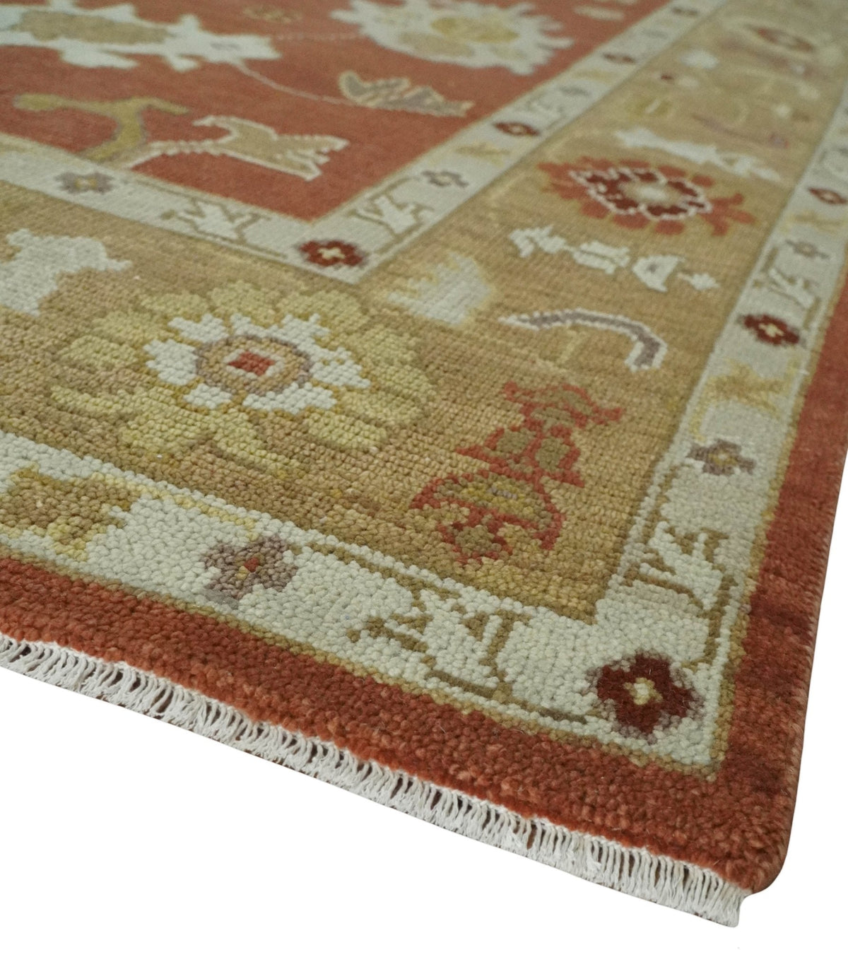 Custom Made Rust, Ivory and Beige Hand Knotted Traditional Oushak Multi Size Wool Area Rug.