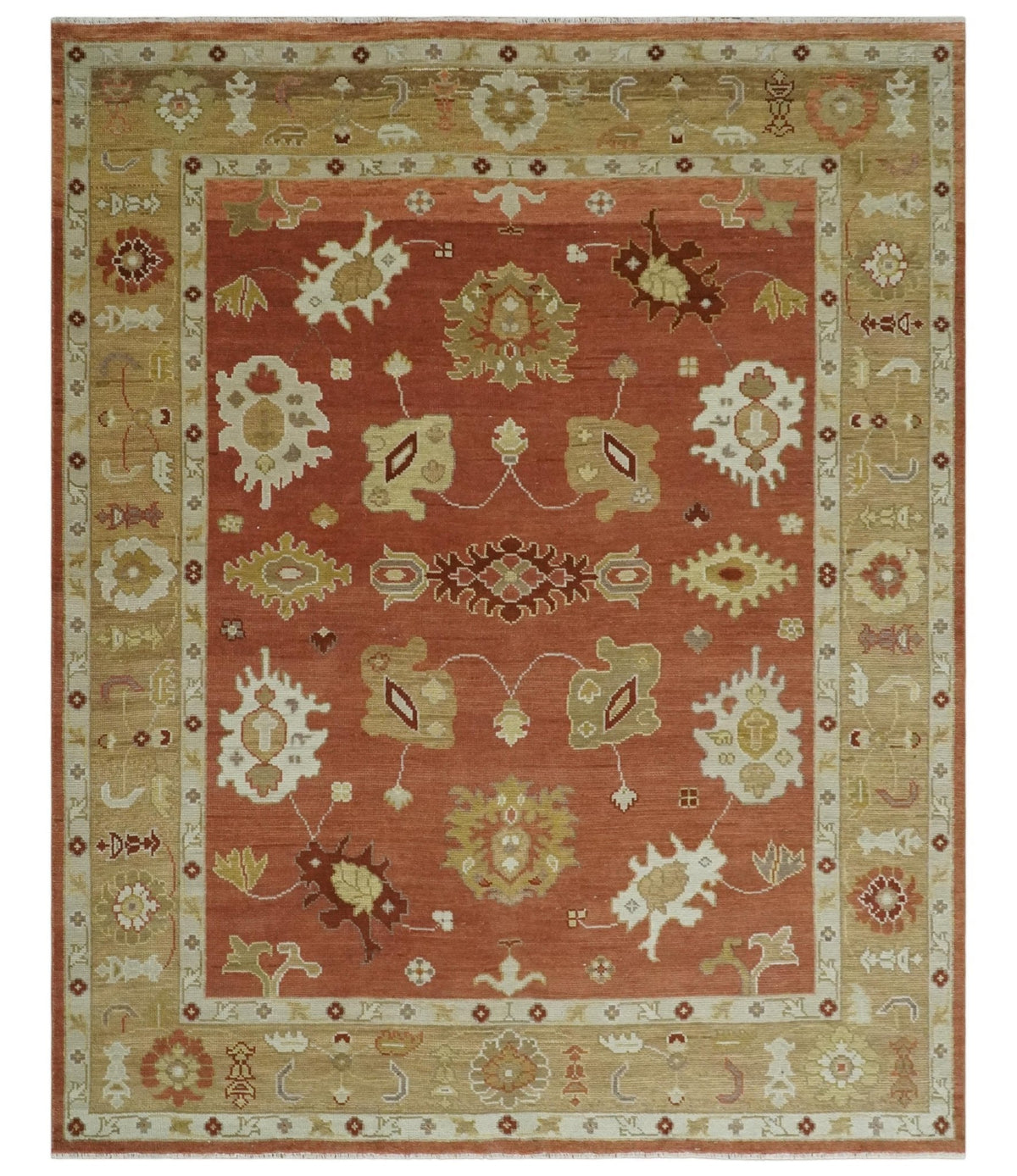 Custom Made Rust, Ivory and Beige Hand Knotted Traditional Oushak Multi Size Wool Area Rug.