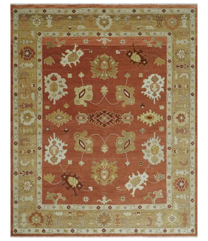 Custom Made Rust, Ivory and Beige Hand Knotted Traditional Oushak Multi Size Wool Area Rug.