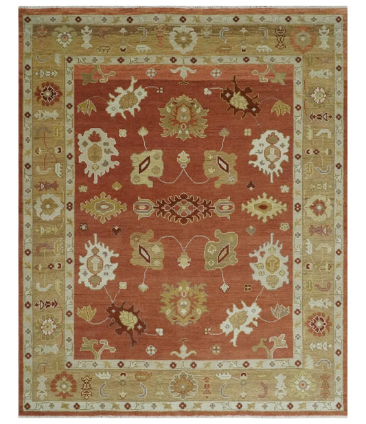 Custom Made Rust, Ivory and Beige Hand Knotted Traditional Oushak Multi Size Wool Area Rug.