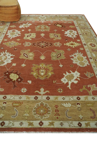 Custom Made Rust, Ivory and Beige Hand Knotted Traditional Oushak Multi Size Wool Area Rug.