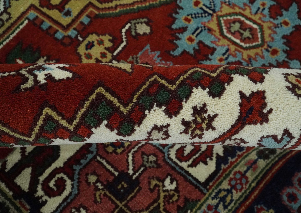 Custom Made Rust, Mustard, Ivory and Blue Hand Knotted Traditional Wool Area Rug.