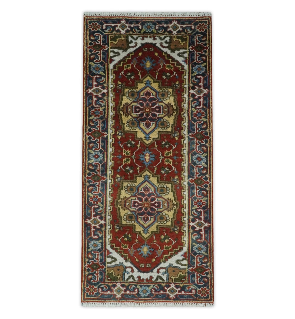 Custom Made Rust, Mustard, Ivory and Blue Hand Knotted Traditional Wool Area Rug.