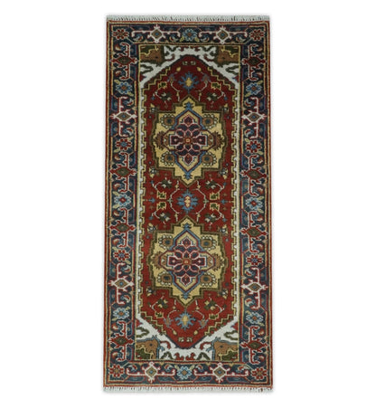 Custom Made Rust, Mustard, Ivory and Blue Hand Knotted Traditional Wool Area Rug.