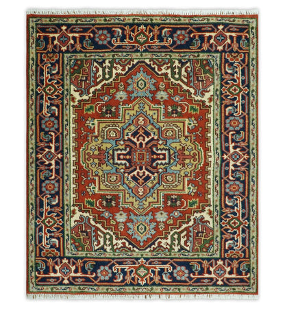 Custom Made Rust, Mustard, Ivory and Blue Hand Knotted Traditional Wool Area Rug.