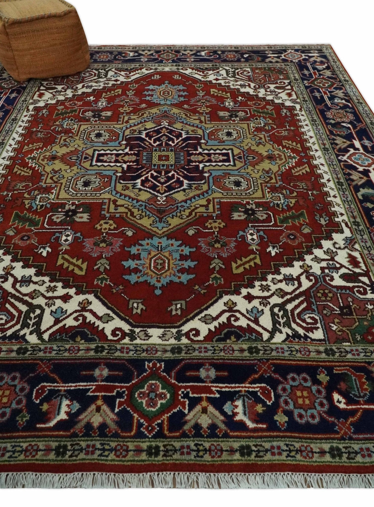 Custom Made Rust, Mustard, Ivory and Blue Hand Knotted Traditional Wool Area Rug.