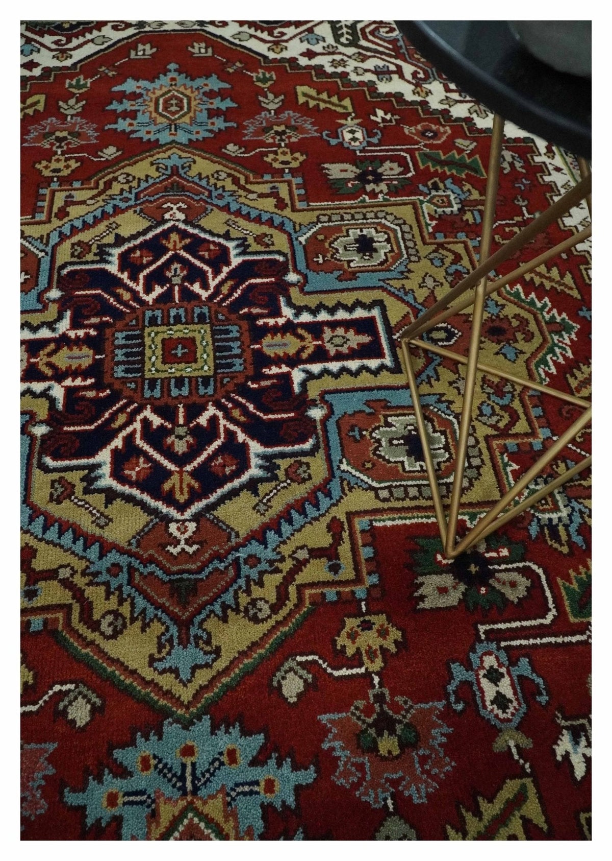Custom Made Rust, Mustard, Ivory and Blue Hand Knotted Traditional Wool Area Rug.