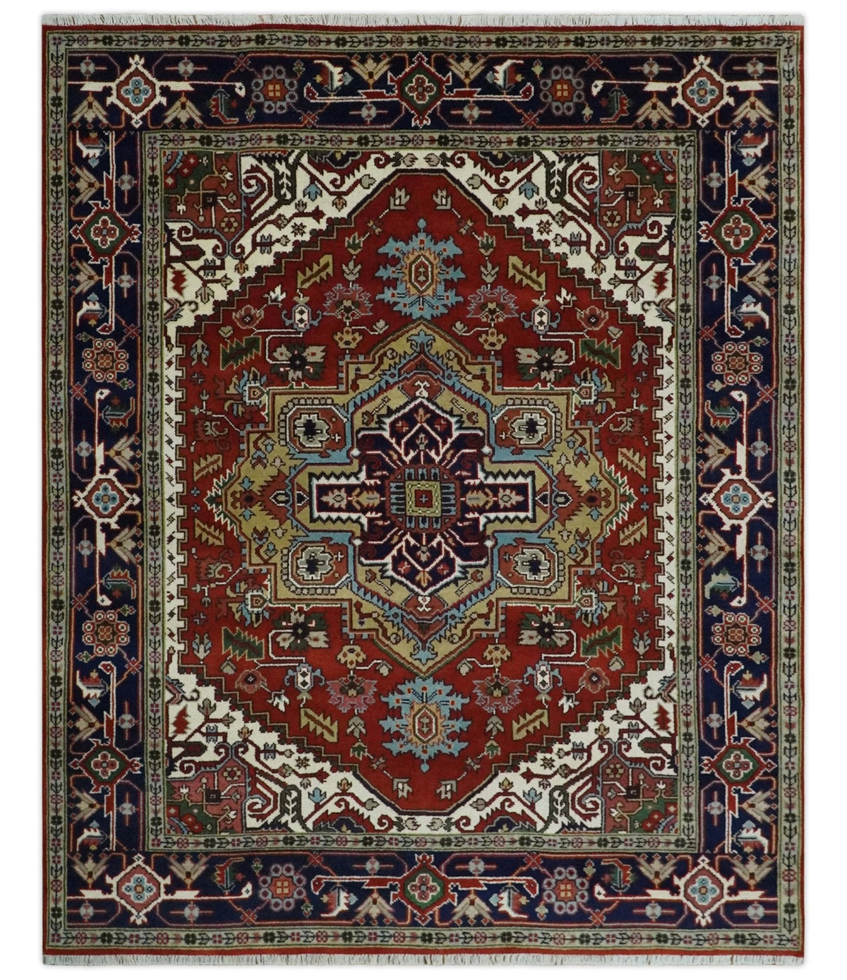 Custom Made Rust, Mustard, Ivory and Blue Hand Knotted Traditional Wool Area Rug.