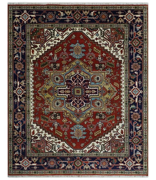 Custom Made Rust, Mustard, Ivory and Blue Hand Knotted Traditional Wool Area Rug.