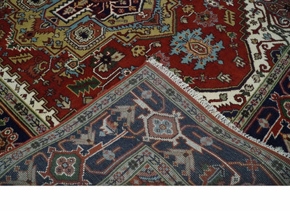 Custom Made Rust, Mustard, Ivory and Blue Hand Knotted Traditional Wool Area Rug.