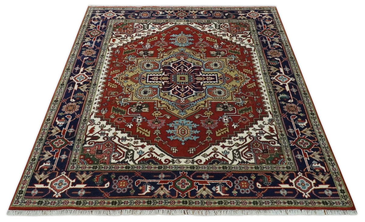 Custom Made Rust, Mustard, Ivory and Blue Hand Knotted Traditional Wool Area Rug.