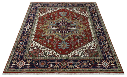 Custom Made Rust, Mustard, Ivory and Blue Hand Knotted Traditional Wool Area Rug.