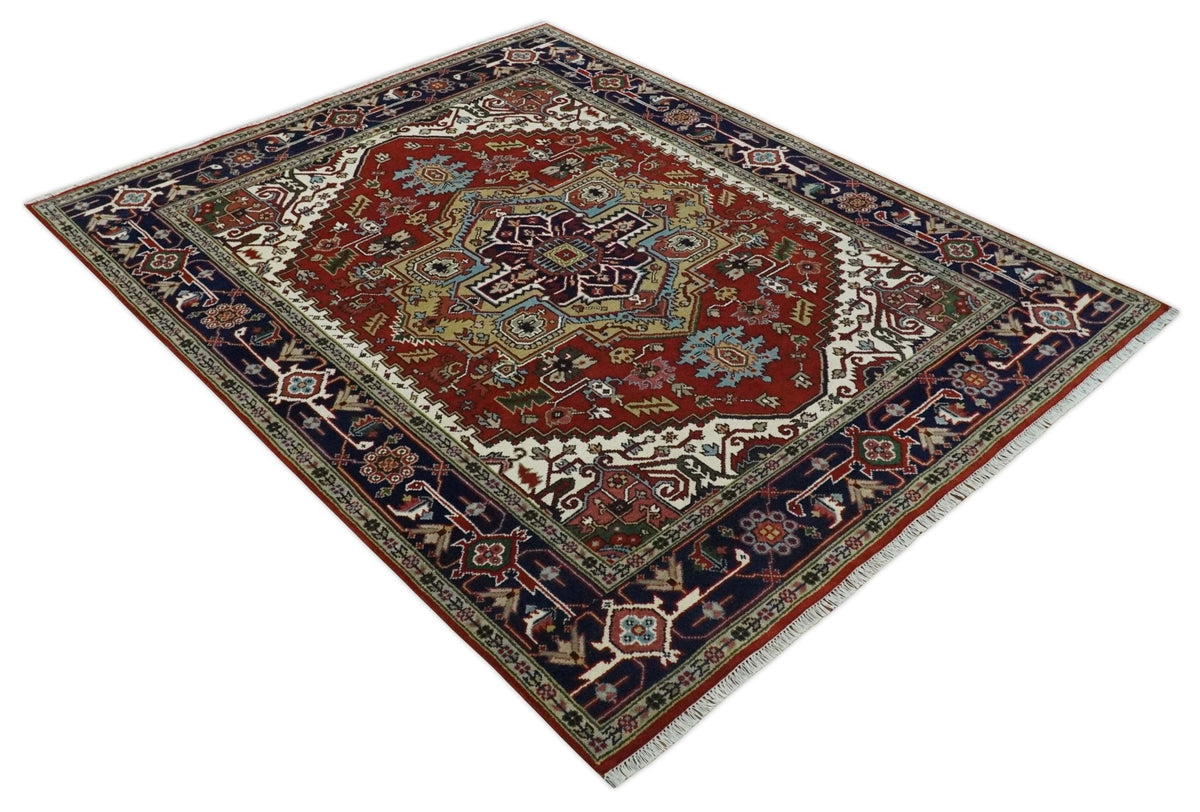 Custom Made Rust, Mustard, Ivory and Blue Hand Knotted Traditional Wool Area Rug.