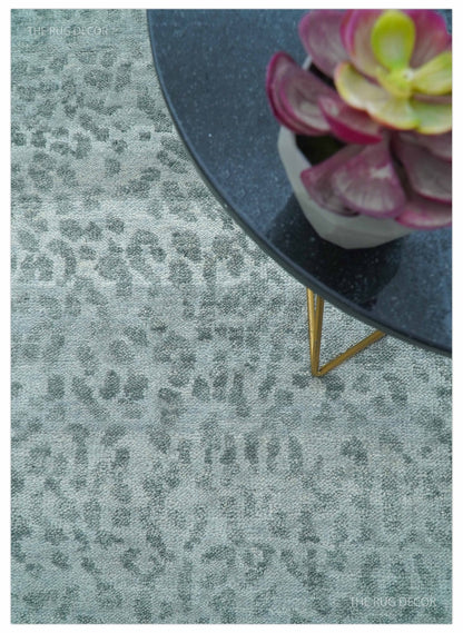 Custom Made Silver and Gray Leopard Print Hand Knotted Wool Rug.